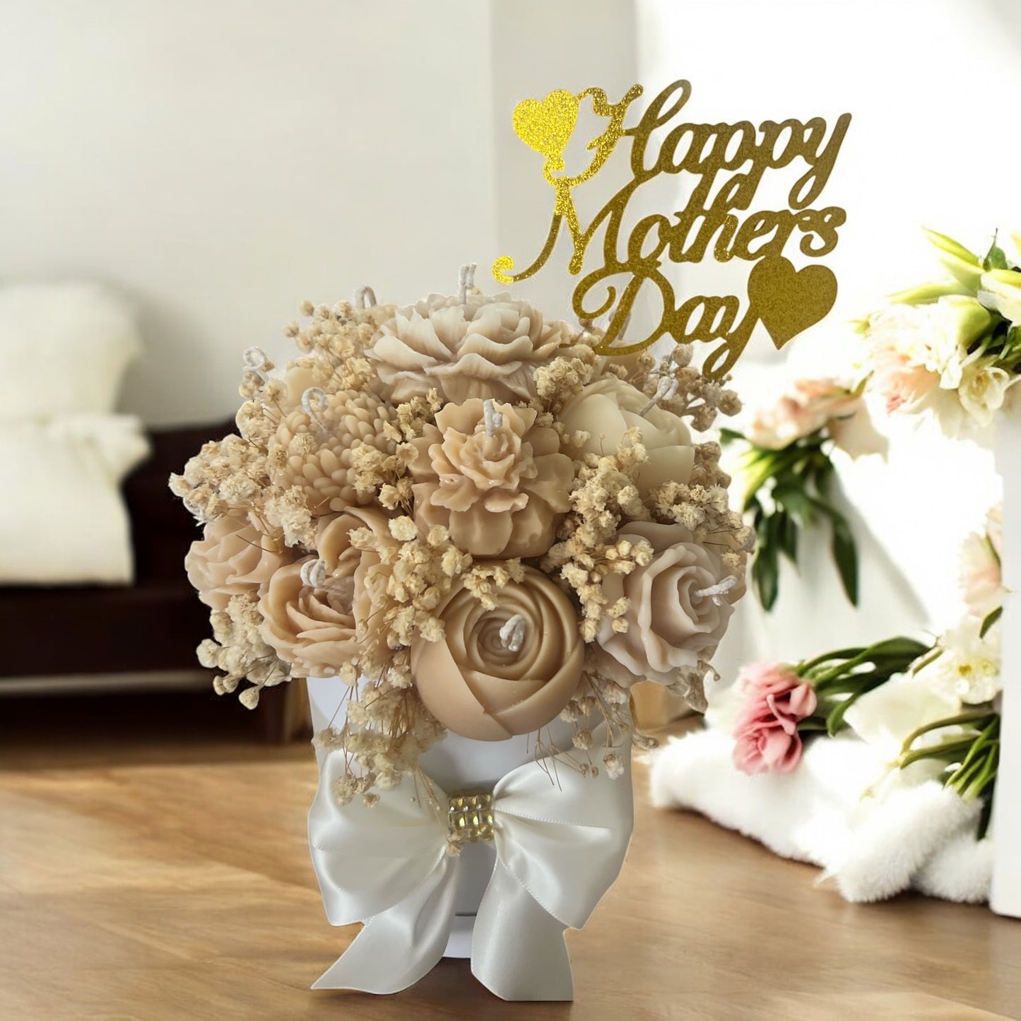 Ivory Whisper – Neutral Floral Candle Arrangement