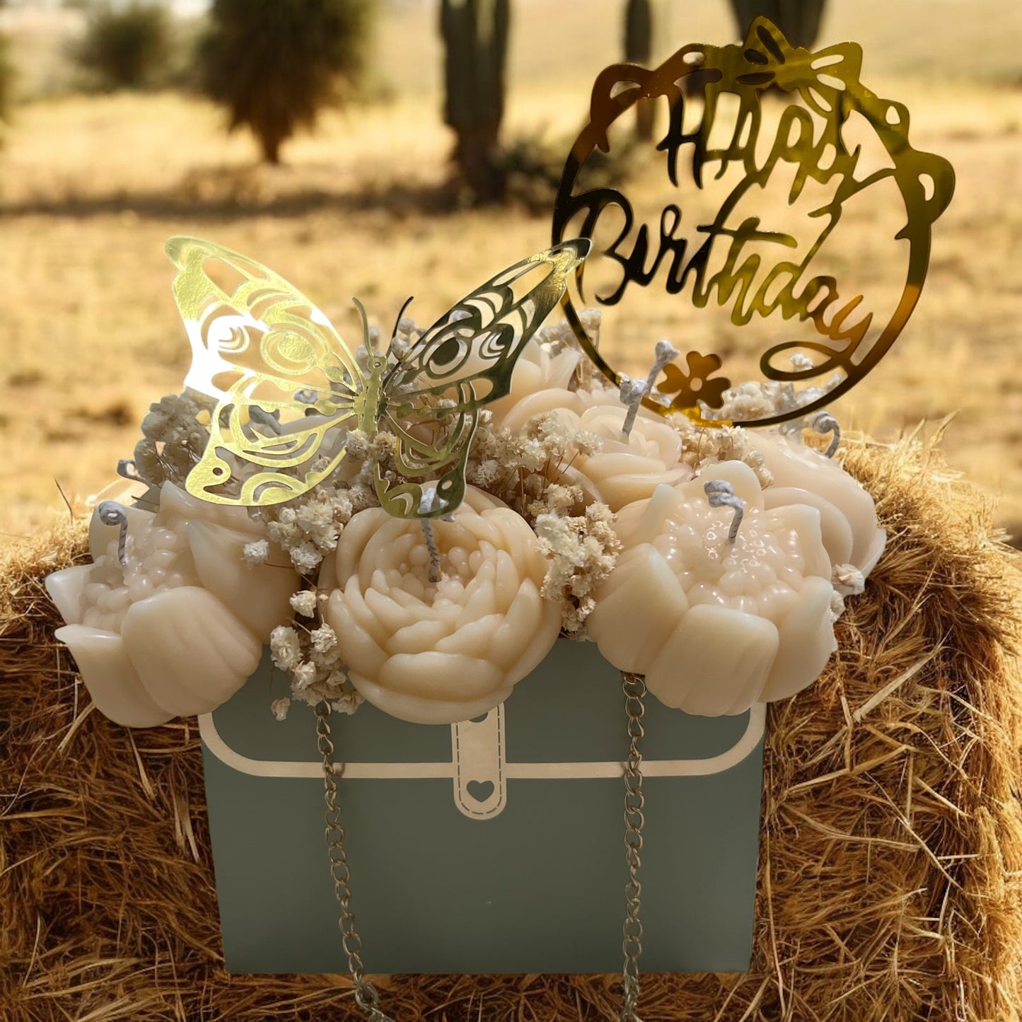 Ivory Garden Bloom with Golden Butterfly