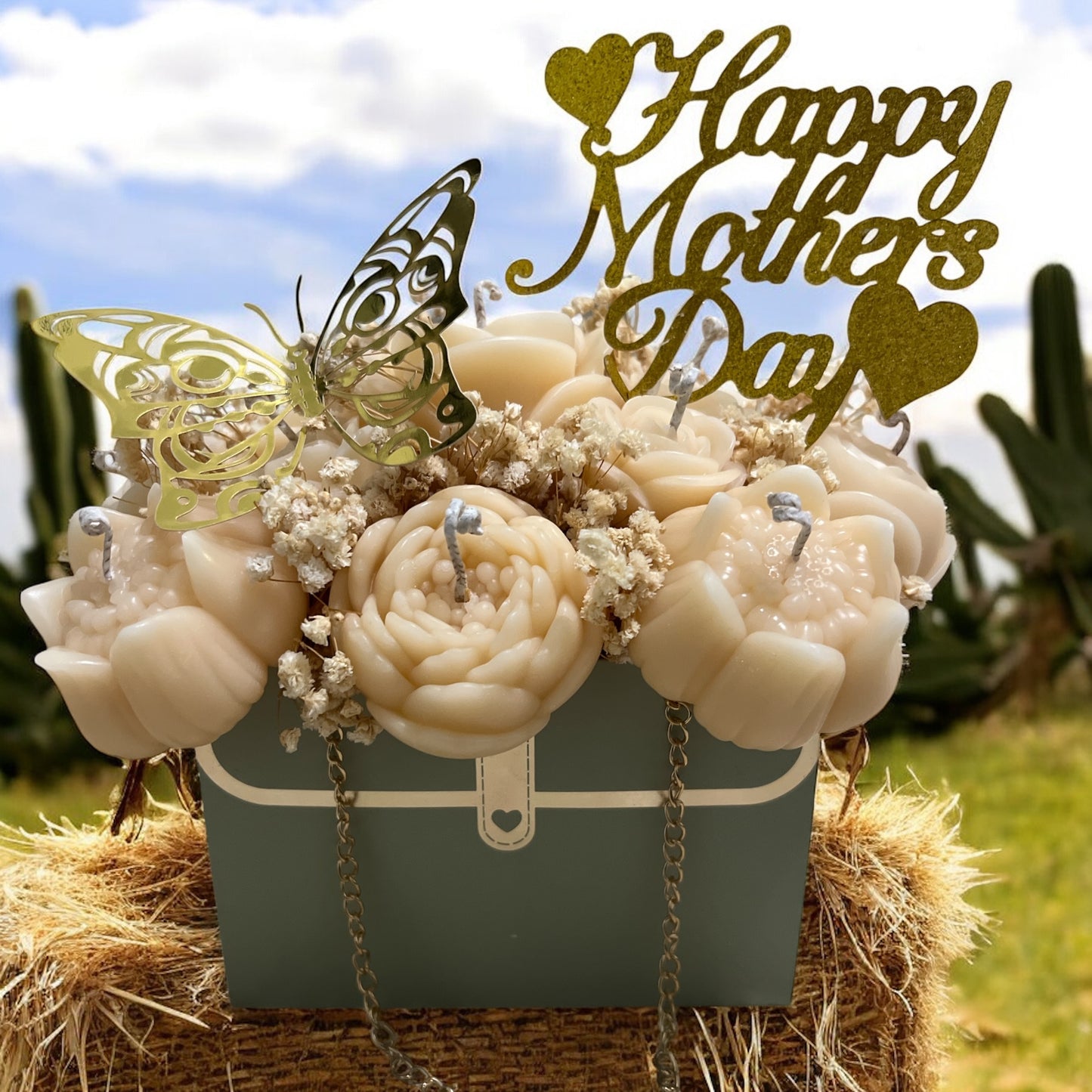 Ivory Garden Bloom with Golden Butterfly