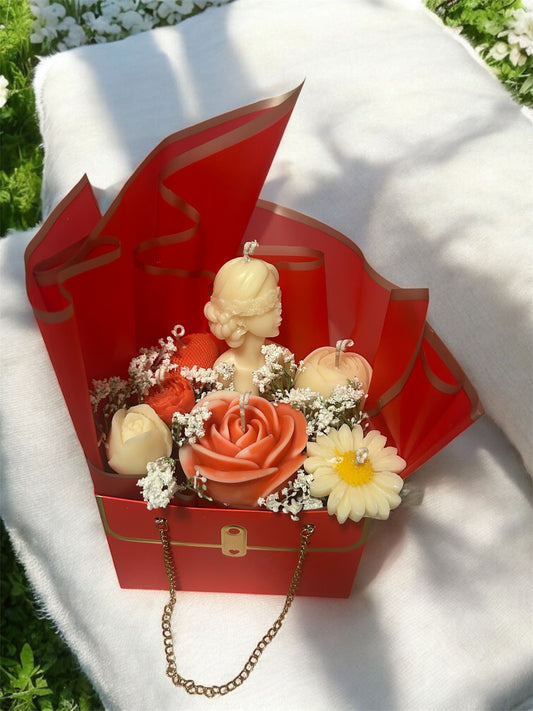 Luxury Candle Gift Box – Sculpted Floral & Bust Candles in Elegant Red Tote